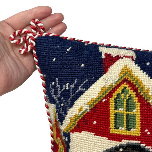 Needlepoint Winter Scene Throw Pillow Houses with Snow and Snowmen Trees Snow - Picture 7 of 8